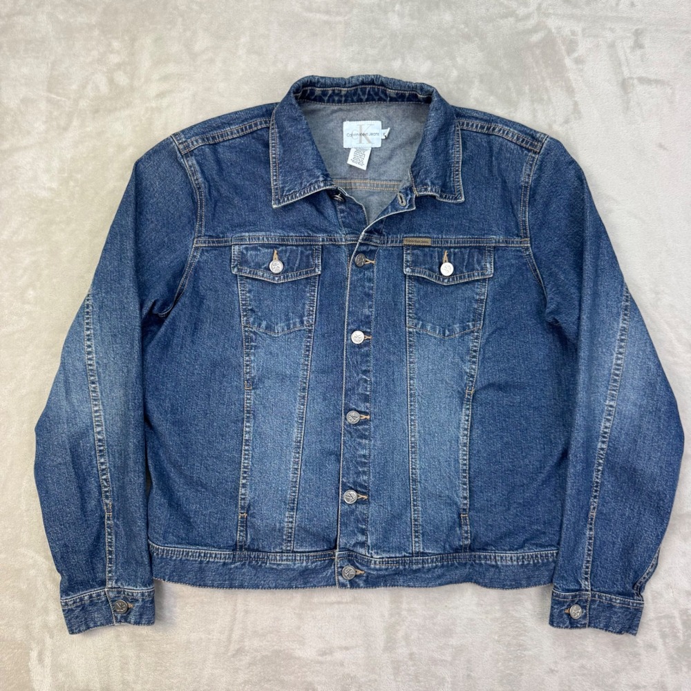 Vtg Calvin Klein Mens XL Denim Jacket Medium Wash Classic Western Trucker Y2K